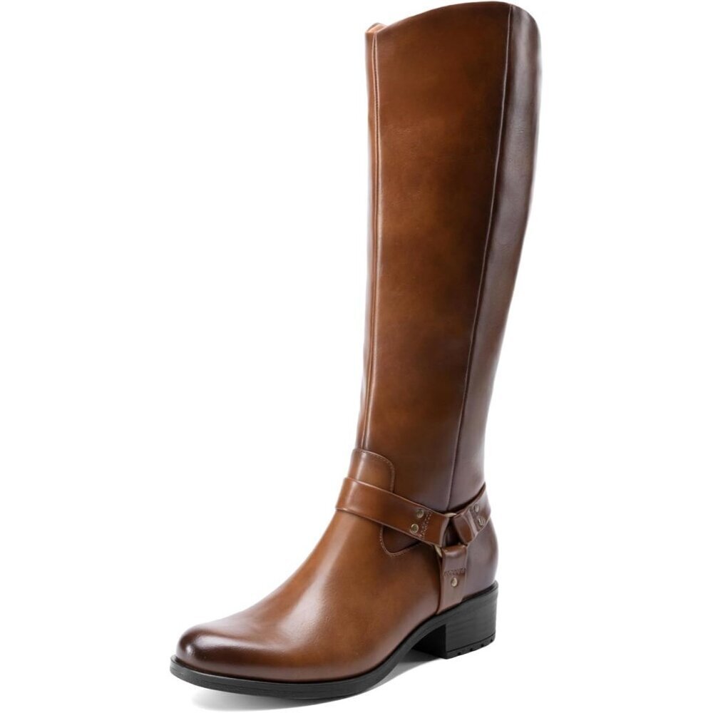 🆕Women's Polyurethane Light Brown Buckle Side Zipper Squared Toe Knee High Boot